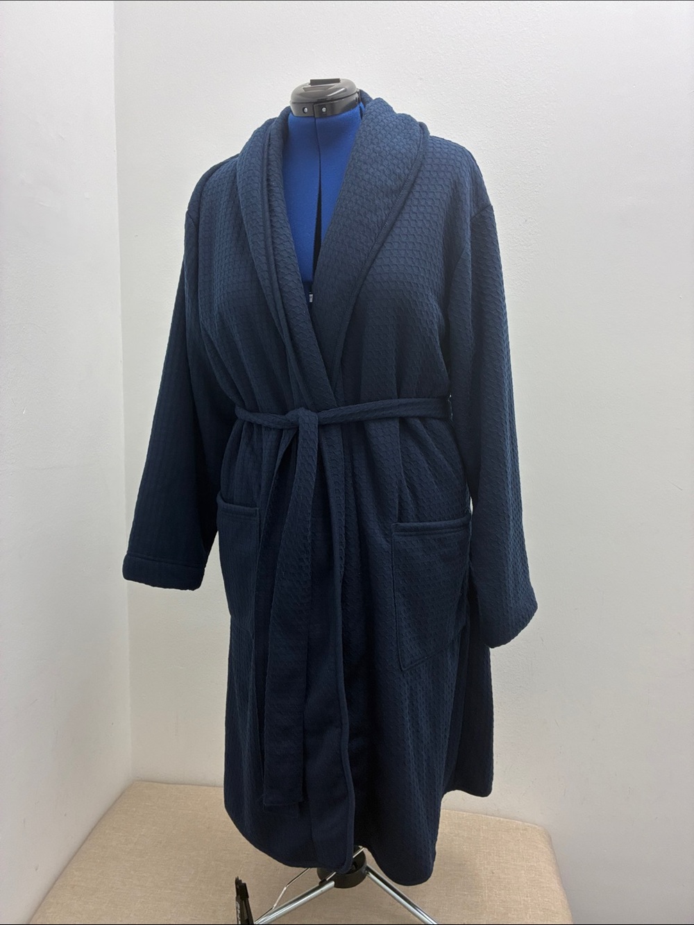 Stafford Navy Waffle Fleece Lined Bath Robe with Belt